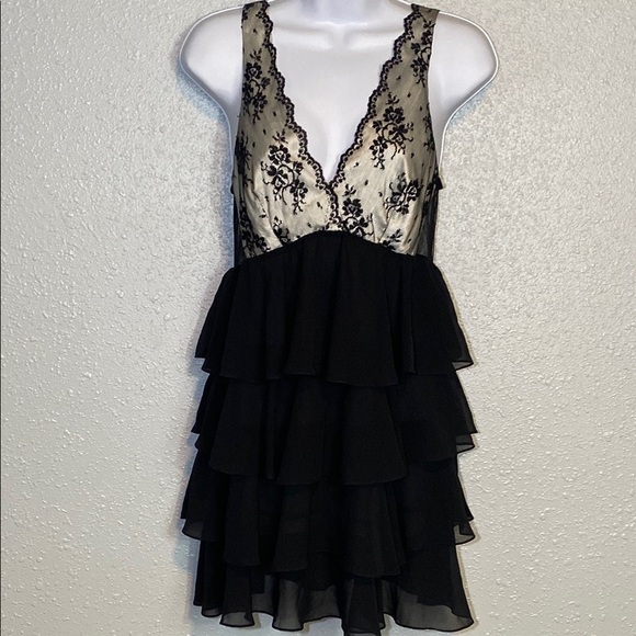 Flora Nikrooz Black and Cream Ruffled Tiered Mini Slip Dress - Picture 1 of 9